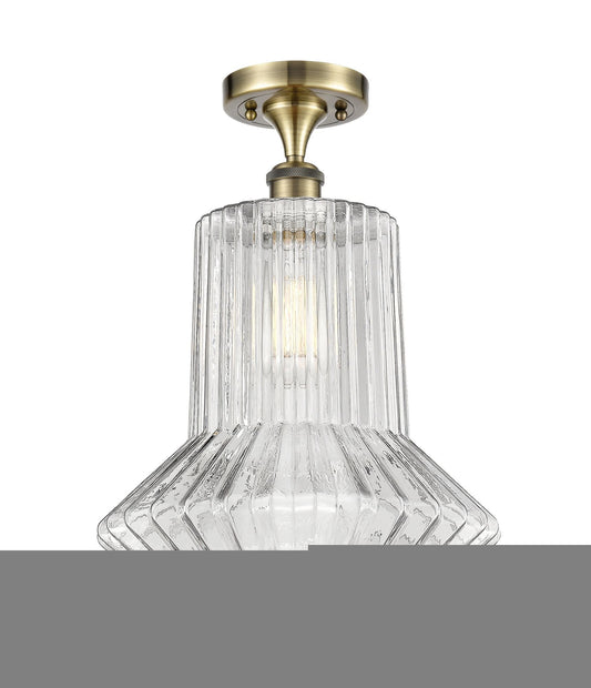 1-Light 12" Antique Brass Semi-Flush Mount - Clear Spiral Fluted Springwater Glass LED