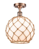 516-1C-AC-G121-10RB 1-Light 10" Antique Copper Semi-Flush Mount - White Large Farmhouse Glass with Brown Rope Glass - LED Bulb - Dimmensions: 10 x 10 x 15 - Sloped Ceiling Compatible: No