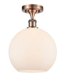 516-1C-AC-G121-10 1-Light 10" Antique Copper Semi-Flush Mount - Cased Matte White Large Athens Glass - LED Bulb - Dimmensions: 10 x 10 x 15 - Sloped Ceiling Compatible: No