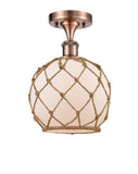 516-1C-AC-G121-8RB 1-Light 8" Antique Copper Semi-Flush Mount - White Farmhouse Glass with Brown Rope Glass - LED Bulb - Dimmensions: 8 x 8 x 13 - Sloped Ceiling Compatible: No