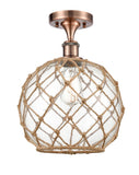 516-1C-AC-G122-10RB 1-Light 10" Antique Copper Semi-Flush Mount - Clear Large Farmhouse Glass with Brown Rope Glass - LED Bulb - Dimmensions: 10 x 10 x 15 - Sloped Ceiling Compatible: No