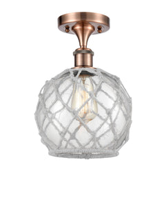 1-Light 8" Antique Copper Semi-Flush Mount - Clear Farmhouse Glass with White Rope Glass LED