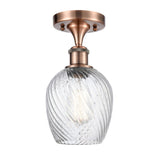 516-1C-AC-G292 1-Light 5" Antique Copper Semi-Flush Mount - Clear Spiral Fluted Salina Glass - LED Bulb - Dimmensions: 5 x 5 x 11 - Sloped Ceiling Compatible: No