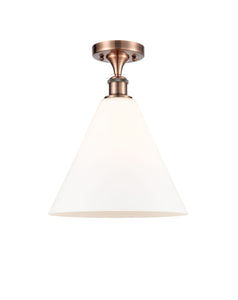 1-Light 12" Antique Copper Semi-Flush Mount - Matte White Cased Ballston Cone Glass LED