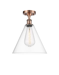1-Light 12" Antique Copper Semi-Flush Mount - Cased Matte White Ballston Cone Glass LED
