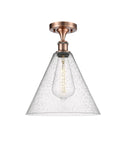 1-Light 12" Antique Copper Semi-Flush Mount - Seedy Ballston Cone Glass LED