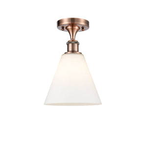 516-1C-AC-GBC-81 1-Light 8" Antique Copper Semi-Flush Mount - Matte White Cased Ballston Cone Glass - LED Bulb - Dimmensions: 8 x 8 x 11.75 - Sloped Ceiling Compatible: No