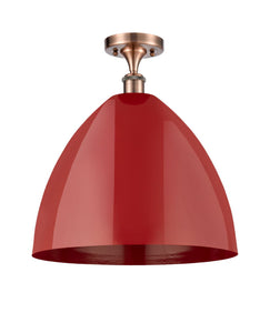 516-1C-AC-MBD-16-RD 1-Light 16" Antique Copper Semi-Flush Mount - Red Plymouth Dome Shade - LED Bulb - Dimmensions: 16 x 16 x 18.75 - Sloped Ceiling Compatible: No