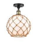 516-1C-BAB-G121-10RB 1-Light 10" Black Antique Brass Semi-Flush Mount - White Large Farmhouse Glass with Brown Rope Glass - LED Bulb - Dimmensions: 10 x 10 x 15 - Sloped Ceiling Compatible: No