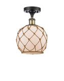 516-1C-BAB-G121-8RB 1-Light 8" Black Antique Brass Semi-Flush Mount - White Farmhouse Glass with Brown Rope Glass - LED Bulb - Dimmensions: 8 x 8 x 13 - Sloped Ceiling Compatible: No