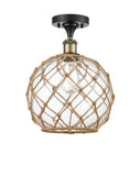 516-1C-BAB-G122-10RB 1-Light 10" Black Antique Brass Semi-Flush Mount - Clear Large Farmhouse Glass with Brown Rope Glass - LED Bulb - Dimmensions: 10 x 10 x 15 - Sloped Ceiling Compatible: No