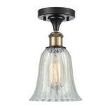 516-1C-BAB-G2811 1-Light 6.25" Black Antique Brass Semi-Flush Mount - Mouchette Hanover Glass - LED Bulb - Dimmensions: 6.25 x 6.25 x 13 - Sloped Ceiling Compatible: No