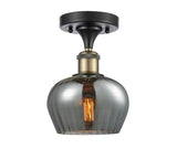 516-1C-BAB-G93 1-Light 6.5" Black Antique Brass Semi-Flush Mount - Plated Smoke Fenton Glass - LED Bulb - Dimmensions: 6.5 x 6.5 x 10 - Sloped Ceiling Compatible: No