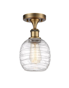 1-Light 6" Brushed Brass Semi-Flush Mount - Deco Swirl Belfast Glass - LED Bulb Included
