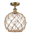 516-1C-BB-G122-10RB 1-Light 10" Brushed Brass Semi-Flush Mount - Clear Large Farmhouse Glass with Brown Rope Glass - LED Bulb - Dimmensions: 10 x 10 x 15 - Sloped Ceiling Compatible: No