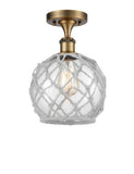 516-1C-BB-G122-8RW 1-Light 8" Brushed Brass Semi-Flush Mount - Clear Farmhouse Glass with White Rope Glass - LED Bulb - Dimmensions: 8 x 8 x 13 - Sloped Ceiling Compatible: No