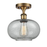 516-1C-BB-G247 1-Light 9.5" Brushed Brass Semi-Flush Mount - Charcoal Gorham Glass - LED Bulb - Dimmensions: 9.5 x 9.5 x 12 - Sloped Ceiling Compatible: No