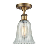 516-1C-BB-G2811 1-Light 6.25" Brushed Brass Semi-Flush Mount - Mouchette Hanover Glass - LED Bulb - Dimmensions: 6.25 x 6.25 x 13 - Sloped Ceiling Compatible: No