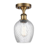516-1C-BB-G292 1-Light 5" Brushed Brass Semi-Flush Mount - Clear Spiral Fluted Salina Glass - LED Bulb - Dimmensions: 5 x 5 x 11 - Sloped Ceiling Compatible: No
