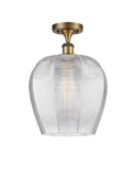 516-1C-BB-G462-12 1-Light 11.75" Brushed Brass Semi-Flush Mount - Clear Norfolk Glass - LED Bulb - Dimmensions: 11.75 x 11.75 x 16.125 - Sloped Ceiling Compatible: No