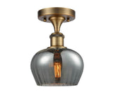 516-1C-BB-G93 1-Light 6.5" Brushed Brass Semi-Flush Mount - Plated Smoke Fenton Glass - LED Bulb - Dimmensions: 6.5 x 6.5 x 10 - Sloped Ceiling Compatible: No