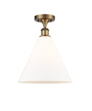 516-1C-BB-GBC-121 1-Light 12" Brushed Brass Semi-Flush Mount - Matte White Cased Ballston Cone Glass - LED Bulb - Dimmensions: 12 x 12 x 14.75 - Sloped Ceiling Compatible: No