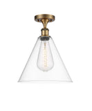 516-1C-BB-GBC-122 1-Light 12" Brushed Brass Semi-Flush Mount - Cased Matte White Ballston Cone Glass - LED Bulb - Dimmensions: 12 x 12 x 14.75 - Sloped Ceiling Compatible: No