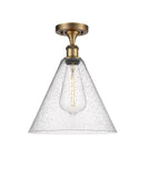 516-1C-BB-GBC-124 1-Light 12" Brushed Brass Semi-Flush Mount - Seedy Ballston Cone Glass - LED Bulb - Dimmensions: 12 x 12 x 14.75 - Sloped Ceiling Compatible: No