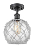 516-1C-BK-G122-8RW 1-Light 8" Matte Black Semi-Flush Mount - Clear Farmhouse Glass with White Rope Glass - LED Bulb - Dimmensions: 8 x 8 x 13 - Sloped Ceiling Compatible: No