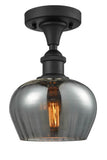 516-1C-BK-G93 1-Light 6.5" Matte Black Semi-Flush Mount - Plated Smoke Fenton Glass - LED Bulb - Dimmensions: 6.5 x 6.5 x 10 - Sloped Ceiling Compatible: No