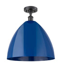 516-1C-BK-MBD-16-BL 1-Light 16" Matte Black Semi-Flush Mount - Blue Plymouth Dome Shade - LED Bulb - Dimmensions: 16 x 16 x 18.75 - Sloped Ceiling Compatible: No