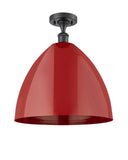 516-1C-BK-MBD-16-RD 1-Light 16" Matte Black Semi-Flush Mount - Red Plymouth Dome Shade - LED Bulb - Dimmensions: 16 x 16 x 18.75 - Sloped Ceiling Compatible: No