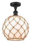 516-1C-OB-G121-10RB 1-Light 10" Oil Rubbed Bronze Semi-Flush Mount - White Large Farmhouse Glass with Brown Rope Glass - LED Bulb - Dimmensions: 10 x 10 x 15 - Sloped Ceiling Compatible: No