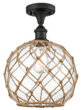 516-1C-OB-G122-10RB 1-Light 10" Oil Rubbed Bronze Semi-Flush Mount - Clear Large Farmhouse Glass with Brown Rope Glass - LED Bulb - Dimmensions: 10 x 10 x 15 - Sloped Ceiling Compatible: No