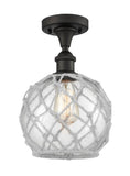 516-1C-OB-G122-8RW 1-Light 8" Oil Rubbed Bronze Semi-Flush Mount - Clear Farmhouse Glass with White Rope Glass - LED Bulb - Dimmensions: 8 x 8 x 13 - Sloped Ceiling Compatible: No