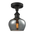 516-1C-OB-G93 1-Light 6.5" Oil Rubbed Bronze Semi-Flush Mount - Plated Smoke Fenton Glass - LED Bulb - Dimmensions: 6.5 x 6.5 x 10 - Sloped Ceiling Compatible: No