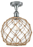 516-1C-PC-G122-10RB 1-Light 10" Polished Chrome Semi-Flush Mount - Clear Large Farmhouse Glass with Brown Rope Glass - LED Bulb - Dimmensions: 10 x 10 x 15 - Sloped Ceiling Compatible: No