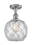 516-1C-PC-G122-8RW 1-Light 8" Polished Chrome Semi-Flush Mount - Clear Farmhouse Glass with White Rope Glass - LED Bulb - Dimmensions: 8 x 8 x 13 - Sloped Ceiling Compatible: No