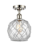 516-1C-PN-G122-8RW 1-Light 8" Polished Nickel Semi-Flush Mount - Clear Farmhouse Glass with White Rope Glass - LED Bulb - Dimmensions: 8 x 8 x 13 - Sloped Ceiling Compatible: No