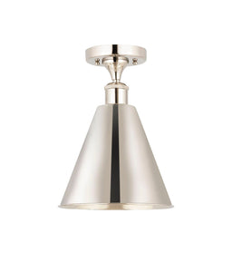 1-Light 8" Polished Nickel Semi-Flush Mount - Polished Nickel Ballston Cone Shade - LED Bulb Included