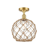 516-1C-SG-G122-10RB 1-Light 10" Satin Gold Semi-Flush Mount - Clear Large Farmhouse Glass with Brown Rope Glass - LED Bulb - Dimmensions: 10 x 10 x 15 - Sloped Ceiling Compatible: No