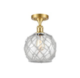 516-1C-SG-G122-8RW 1-Light 8" Satin Gold Semi-Flush Mount - Clear Farmhouse Glass with White Rope Glass - LED Bulb - Dimmensions: 8 x 8 x 13 - Sloped Ceiling Compatible: No