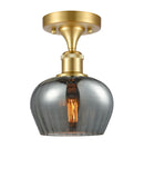 516-1C-SG-G93 1-Light 6.5" Satin Gold Semi-Flush Mount - Plated Smoke Fenton Glass - LED Bulb - Dimmensions: 6.5 x 6.5 x 10 - Sloped Ceiling Compatible: No
