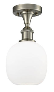 516-1C-SN-G101 1-Light 6" Brushed Satin Nickel Flush Mount - Matte White Belfast Glass - LED Bulb - Dimmensions: 6 x 6 x 11 - Sloped Ceiling Compatible: No