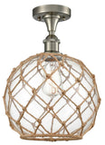 516-1C-SN-G122-10RB 1-Light 10" Brushed Satin Nickel Semi-Flush Mount - Clear Large Farmhouse Glass with Brown Rope Glass - LED Bulb - Dimmensions: 10 x 10 x 15 - Sloped Ceiling Compatible: No
