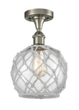 516-1C-SN-G122-8RW 1-Light 8" Brushed Satin Nickel Semi-Flush Mount - Clear Farmhouse Glass with White Rope Glass - LED Bulb - Dimmensions: 8 x 8 x 13 - Sloped Ceiling Compatible: No