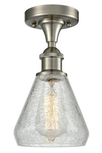 516-1C-SN-G275 1-Light 6" Brushed Satin Nickel Flush Mount - Clear Crackle Conesus Glass - LED Bulb - Dimmensions: 6 x 6 x 12 - Sloped Ceiling Compatible: No
