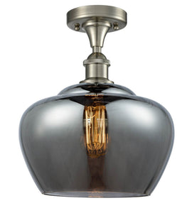 1-Light 11" Brushed Satin Nickel Flush Mount - Plated Smoke Large Fenton Glass Shade - LED Bulb