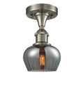 516-1C-SN-G93 1-Light 6.5" Brushed Satin Nickel Semi-Flush Mount - Plated Smoke Fenton Glass - LED Bulb - Dimmensions: 6.5 x 6.5 x 10 - Sloped Ceiling Compatible: No
