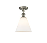 516-1C-SN-GBC-81 1-Light 8" Brushed Satin Nickel Semi-Flush Mount - Matte White Cased Ballston Cone Glass - LED Bulb - Dimmensions: 8 x 8 x 11.75 - Sloped Ceiling Compatible: No